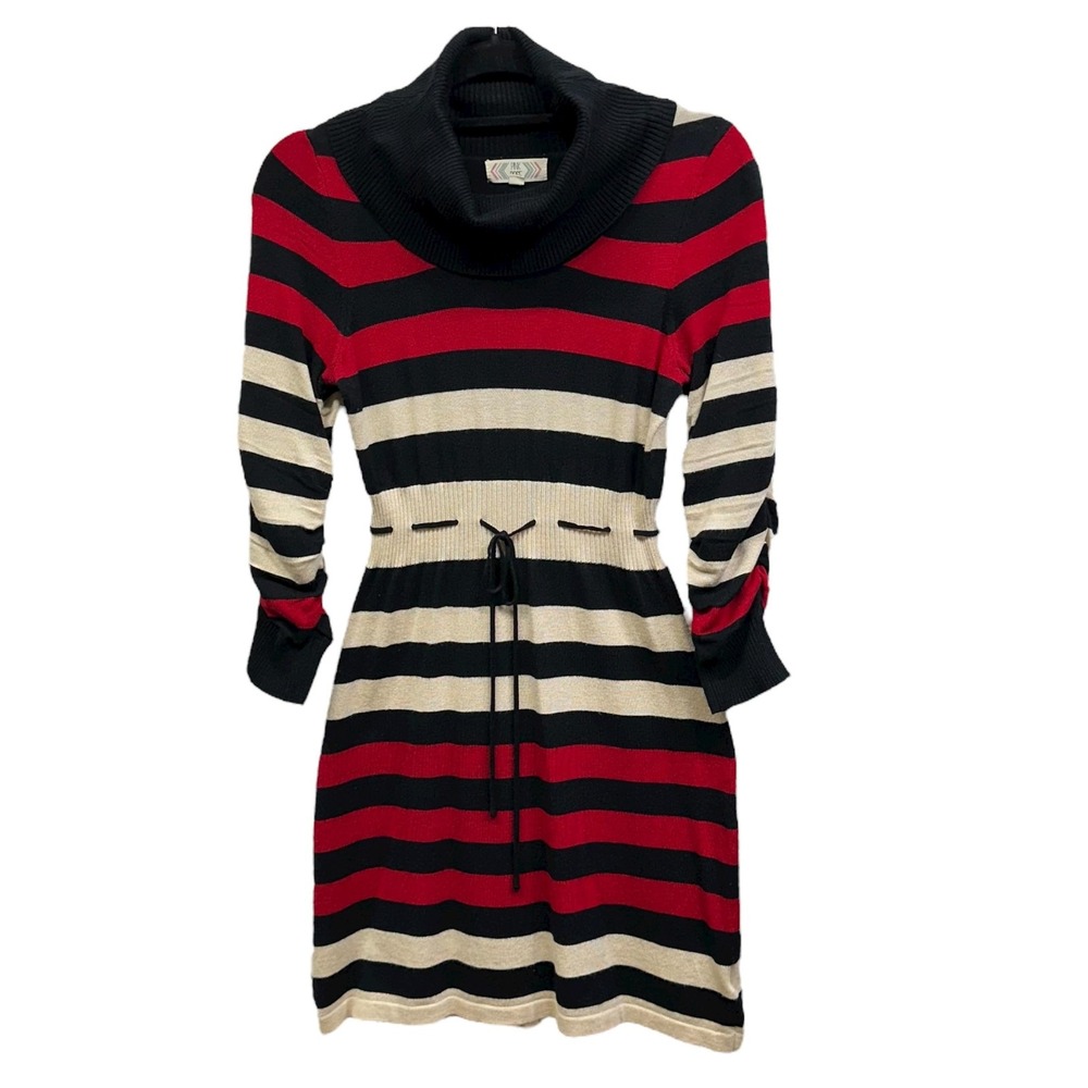 Pink Rose Sweater Dress Womens S Black Red Tan Striped Cowl Neck Ruched‎ Sleeves